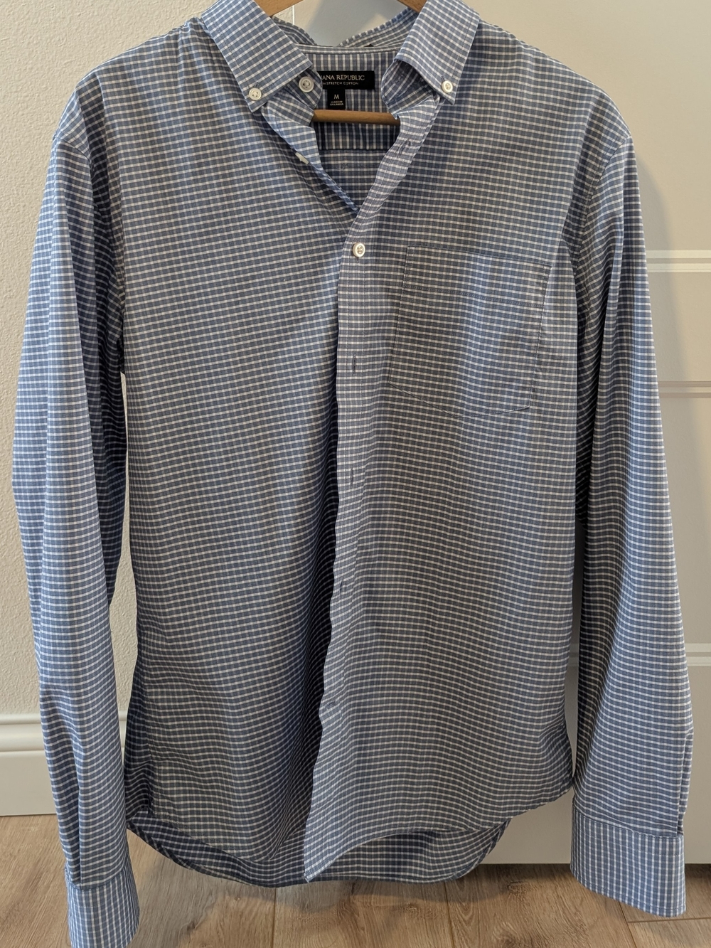 Banana Republic Men's Navy and White Check Button-Down Shirt